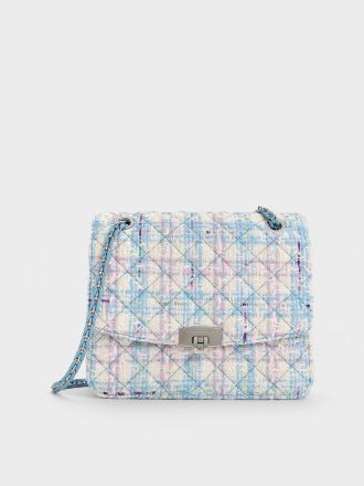 Tweed Quilted Chain Strap Bag - Light Blue