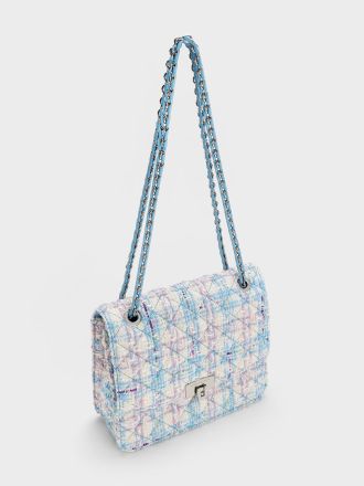 Tweed Quilted Chain Strap Bag - Light Blue