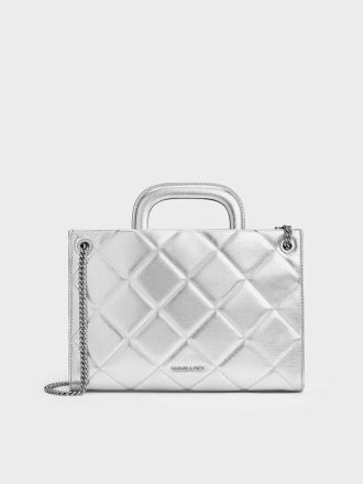 Apfra Metallic Quilted Chain-Handle Bag - Silver