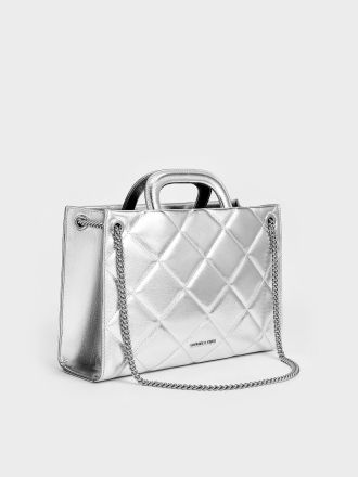 Apfra Metallic Quilted Chain-Handle Bag - Silver