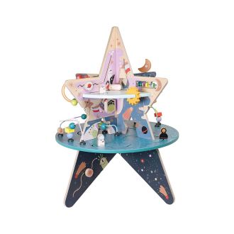 Manhattan Toy Double-Decker Celestial Star Explorer Wooden Activity Center with Shape Gliders, Spinners, Bead Runs and Alluring Artwork