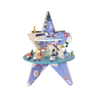 Manhattan Toy Double-Decker Celestial Star Explorer Wooden Activity Center with Shape Gliders, Spinners, Bead Runs and Alluring Artwork
