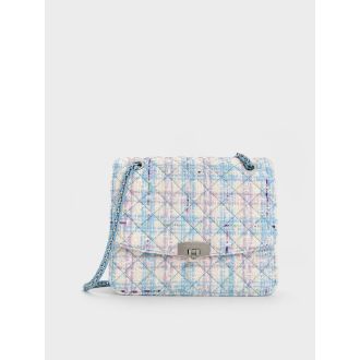 Tweed Quilted Chain Strap Bag - Light Blue