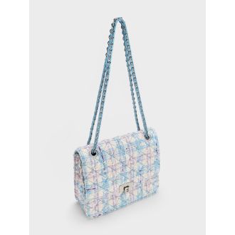 Tweed Quilted Chain Strap Bag - Light Blue