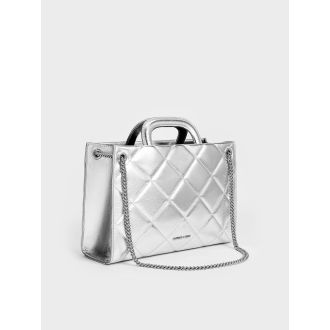 Apfra Metallic Quilted Chain-Handle Bag - Silver