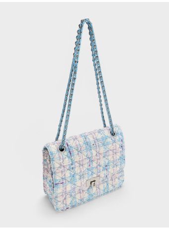 Tweed Quilted Chain Strap Bag - Light Blue