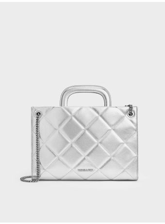 Apfra Metallic Quilted Chain-Handle Bag - Silver