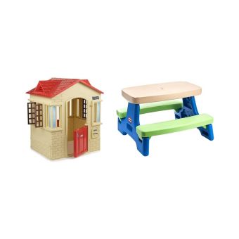 Little Tikes Cape Cottage Playhouse with Working Doors, Windows, and Shutters - Tan & Easy Store Jr. Kid Picnic Play Table - Amazon Exclusive