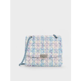 Tweed Quilted Chain Strap Bag - Light Blue