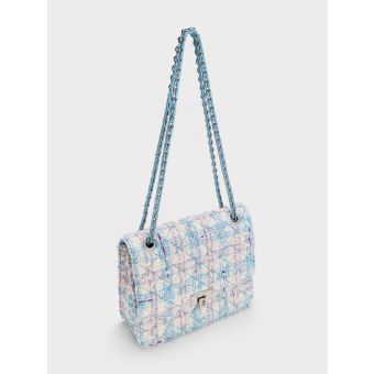 Tweed Quilted Chain Strap Bag - Light Blue